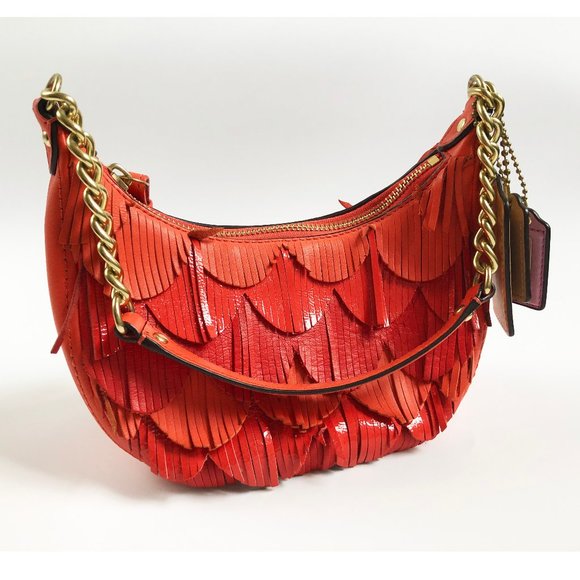 Orange leather Coach mini hobo bag with chain strap small summer crossbody bag